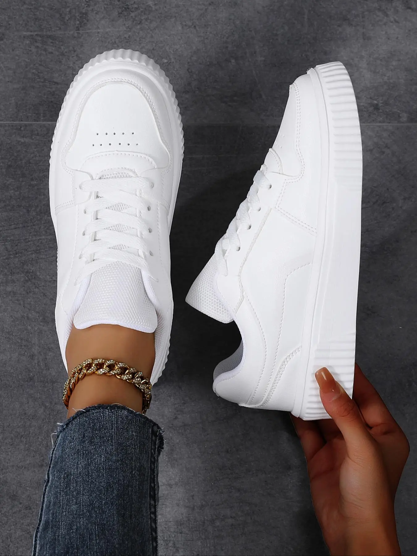 Women's Casual Sport Sneakers, Comfortable Breathable Lace-Up, Plain PU Leather, All Seasons, Sporty Style, Multiple Colors, Trendy Walking Sneakers