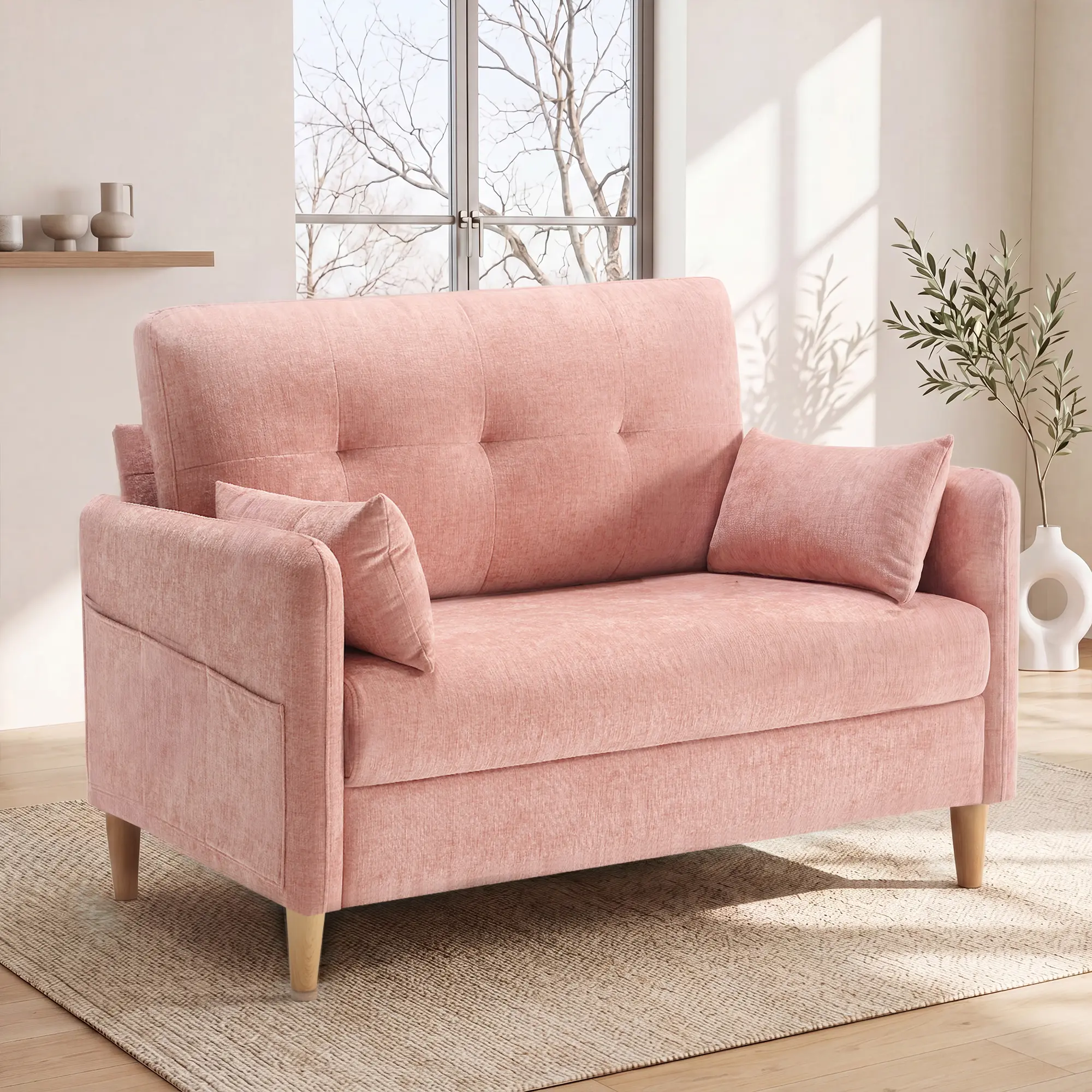 GuroMagicSofa 47'' Wide Chenille Upholstered Lounge Sofa - 2-Seat Cozy Comfy Loveseat Couch, Indoor Living Room/Bedroom Furniture with 2 Pillows, Ideal for Small Spaces Compact Sofa Fluffy Modern Sofa