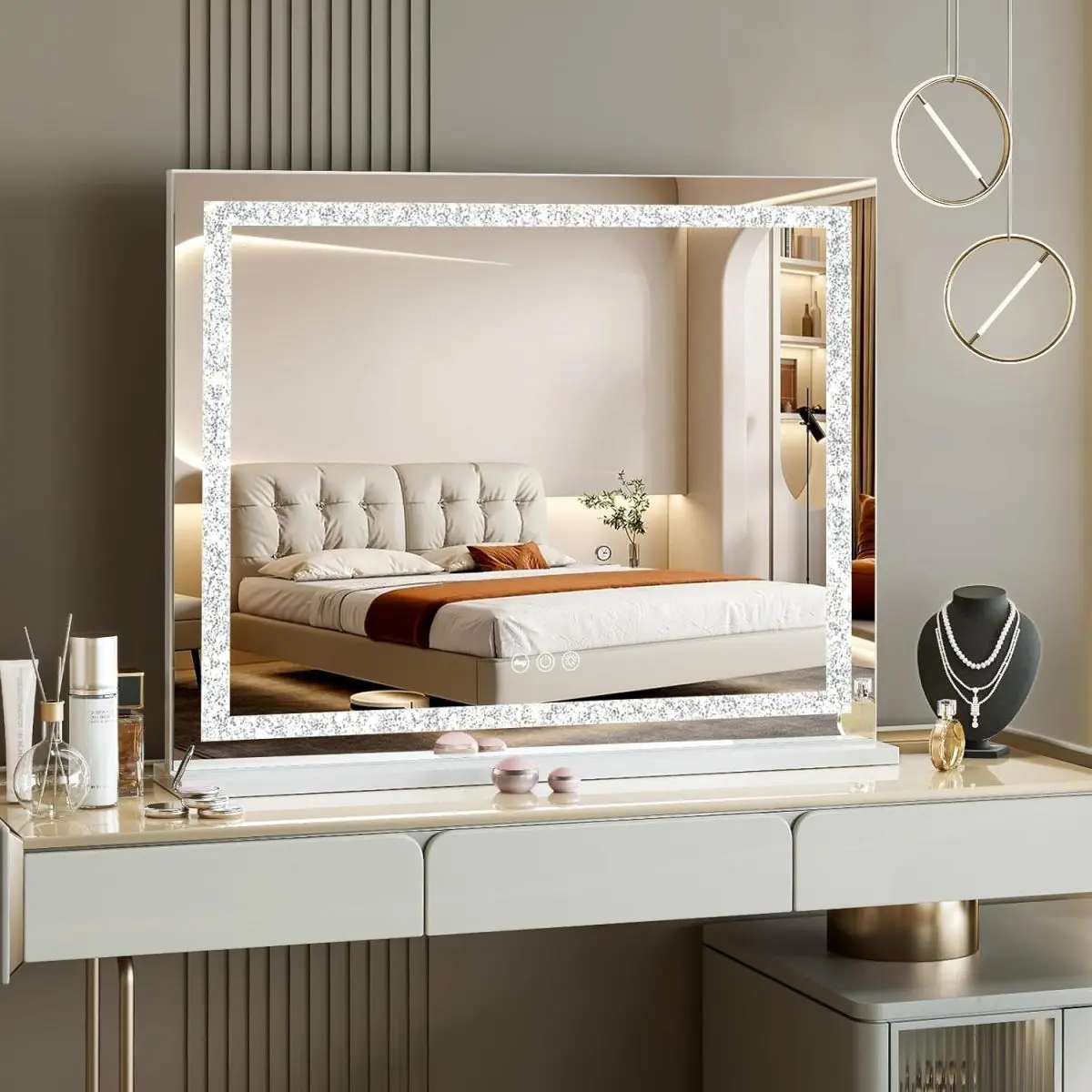 Vanity Mirror with Lights 31.5" x 22.8" Makeup Mirror Crystal Light Strip Dimmable 10X Magnification White USB Charging Crystal Crushed Design Hollywood Vanity Mirror