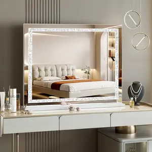 Vanity Mirror with Lights 31.5" x 22.8" Makeup Mirror Crystal Light Strip Dimmable 10X Magnification White USB Charging Crystal Crushed Design Hollywood Vanity Mirror