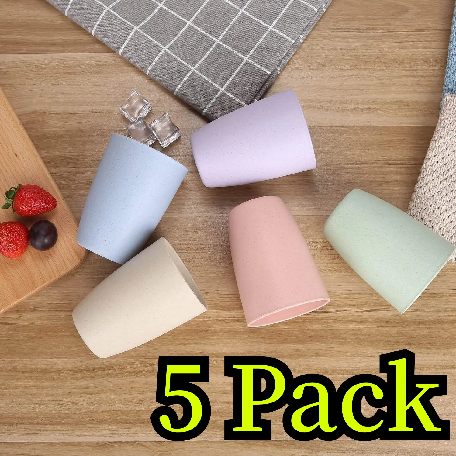5-Pack Lightweight Eco-Friendly Wheat Straw Plastic Drinking Cups - 12oz Reusable Unbreakable BPA-Free Dishwasher-Safe Microwave-Safe Tumblers for Adults, Home Improvement Bathroom Fixture Accessories