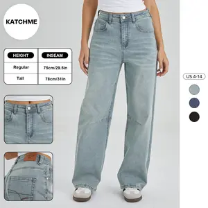 KatchMe Women's Vintage Chic Mid-Rise Denim Dart Seam Wide Leg Jeans, Versatile Multi-Pocket Trousers, Street Women's Bottom, Baggy Jeans Womenswear