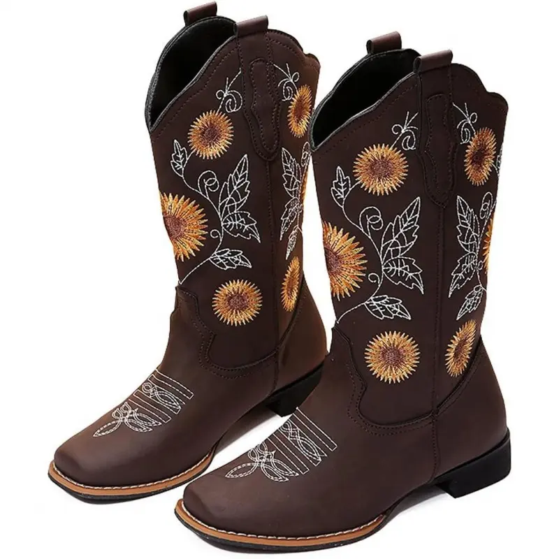 Women's Mid-Calf Cowboy Boots, Sunflower Embroidery Stitched Square Toe Low Heel Western Cowgirl Boots, Black/Brown/Yellow, US6-10.5