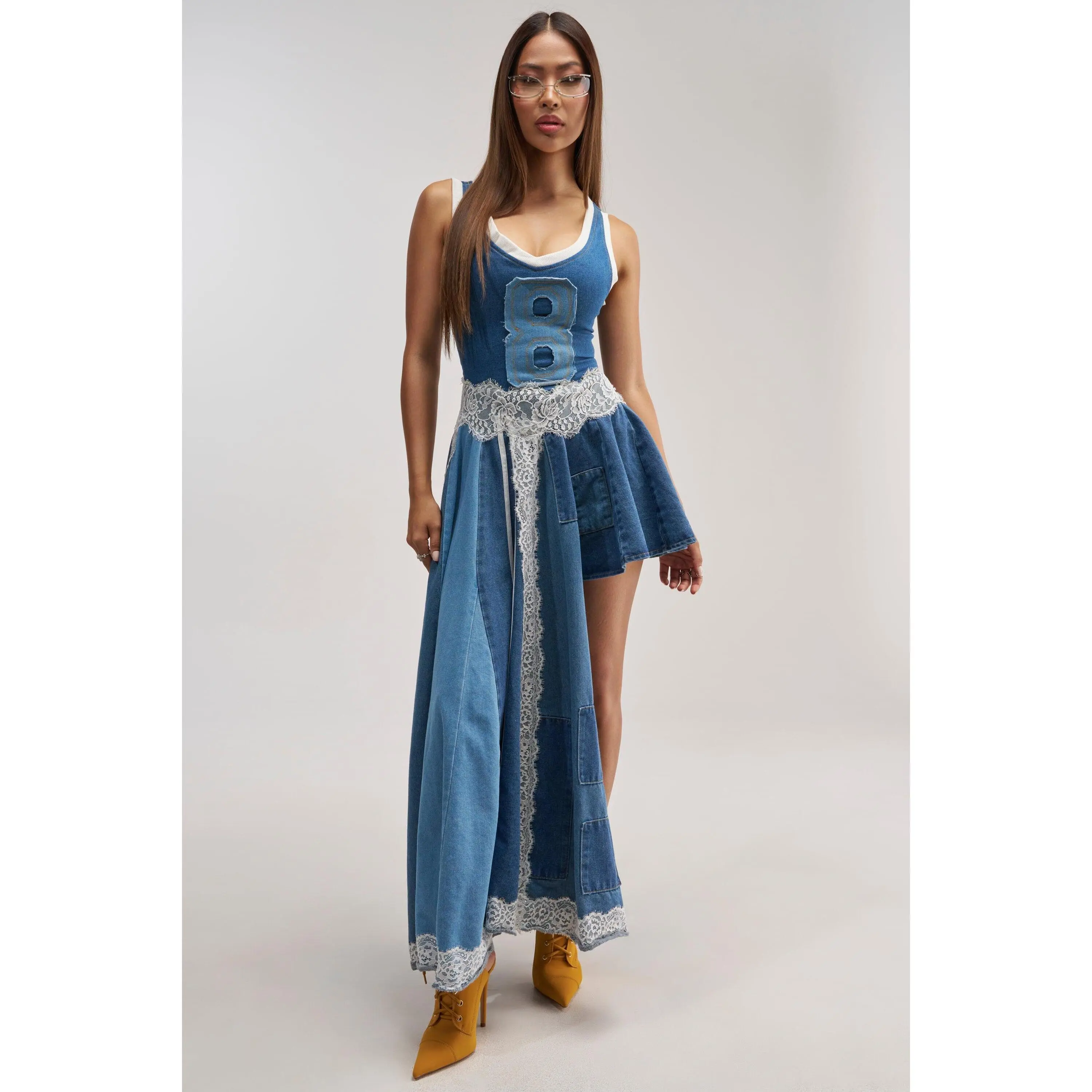 BOSSED UP DENIM MINI DRESS IN LIGHT BLUE DENIM PATCHWORK