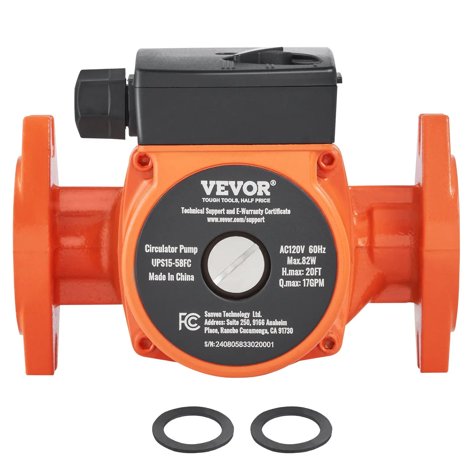 VEVOR Cast Iron Circulating Pump, 110V 60Hz 82W Energy-Efficient Model with 1"-NPT Flange, 3-Speed Adjustable Flow Rate, Built-In Check Valve, 17 GPM Flow, 20 ft Cable, IP44 Protection, 35.6-230 °F Temp Range for Underfloor Heating Systems, 1" Flange