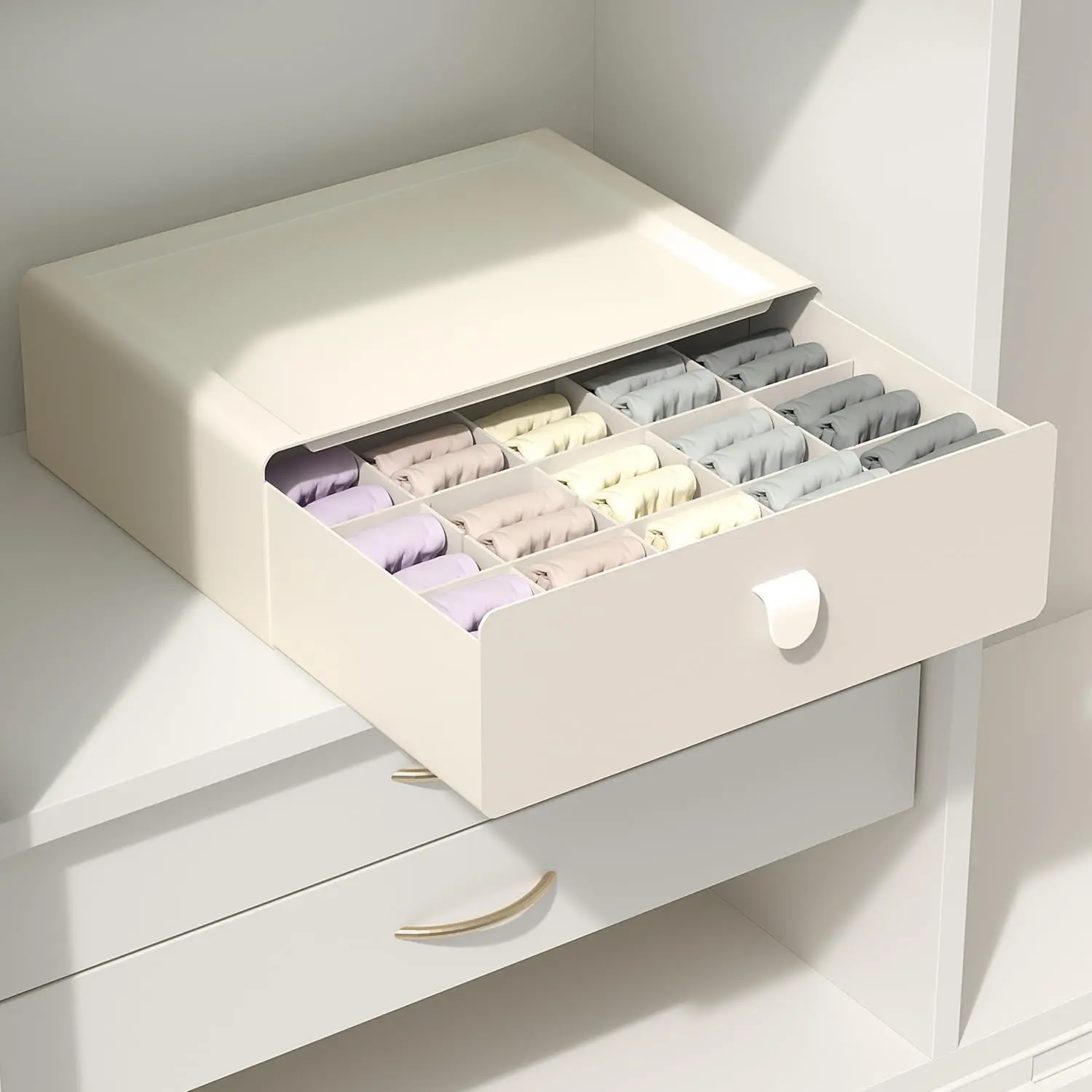 Underwear Organizer Drawer, 15 Cells Plastic Socks Drawer, Stackable Closet Organizer, Storage Box for Bras, Panties, Snacks, Beige