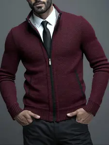 Men's Stand Collar Knit Sweater Jacket, Winter New Casual Fleece Lined Thick Zipper Top, Warm Youth Pullover Outerwear, Winter Fashion Clothing,Dad Gifts
