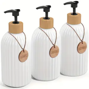 3-piece Soap Dispenser Set, Each 16.91 oz, with Labels and Tray. These Letter Pattern Lotion Dispensers are Empty, Suitable for Shampoo, Body Wash, and Conditioner. Perfect for Bathroom Supplies, Organization, Storage, and Home Decoration
