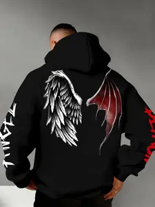 Men's Fall Winter Demon Angel Wing Print Hoodie, Drawstring Hood + Large Pocket Design, Casual Fitted Style, Streetwear & Party Wear, Graphic Print Hoodie