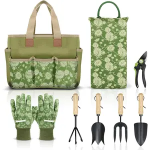 Set, 8 Piece, Duty with Wooden Handle, Including Tote, Kneeling Pad, Gloves, Pruner, Trowel, Trowel, Cultivator - Gifts for Men