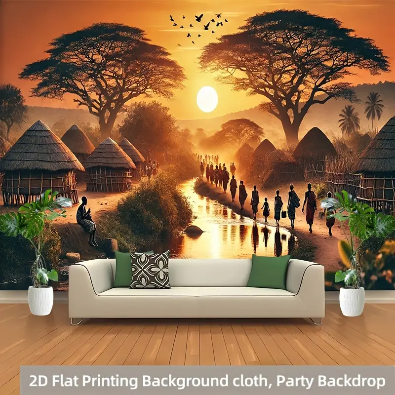 Retro Artistic Polyester Tapestry - 2D Sunset Peaceful African Village Pattern, Easy-to-Hang Home Decor Banner for Parties, Living Rooms, Artistic Tapestry Tapestries