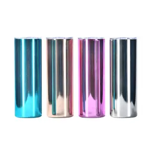 20oz Sublimation Skinny Holographic Mirror Tumblers Stainless Steel Double Wall Drinkware Water Bottles with Lid & Straw Portable Reusable Multicolor - Pink