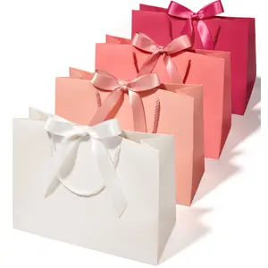 Vitalizart Large Paper Gift Bags With Handles Ribbon Bows Set of 4 Bulk Reusable For Gift Wrap Girls Kids Birthday Bridal Shower Party Favors Goodie Bags Candy 12.9"x10"x5" Pink & Cream graduation Gift mothers day Gift