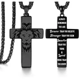 Strength and Faith Gifts for Him-Masculine Cross Necklace-Bold Lion Head and Cross Design-Inspiring Message Engraved (18-24 inches)