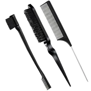 3 Pcs Slick Back Hair Brush Set Bristle Brush Edge Control Teasing Comb for Women Black Hair Styling Tools
