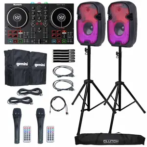 (2) Gemini PartyBox Rave8 8" Powered Speakers with Numark Party Mix II DJ Controller Package