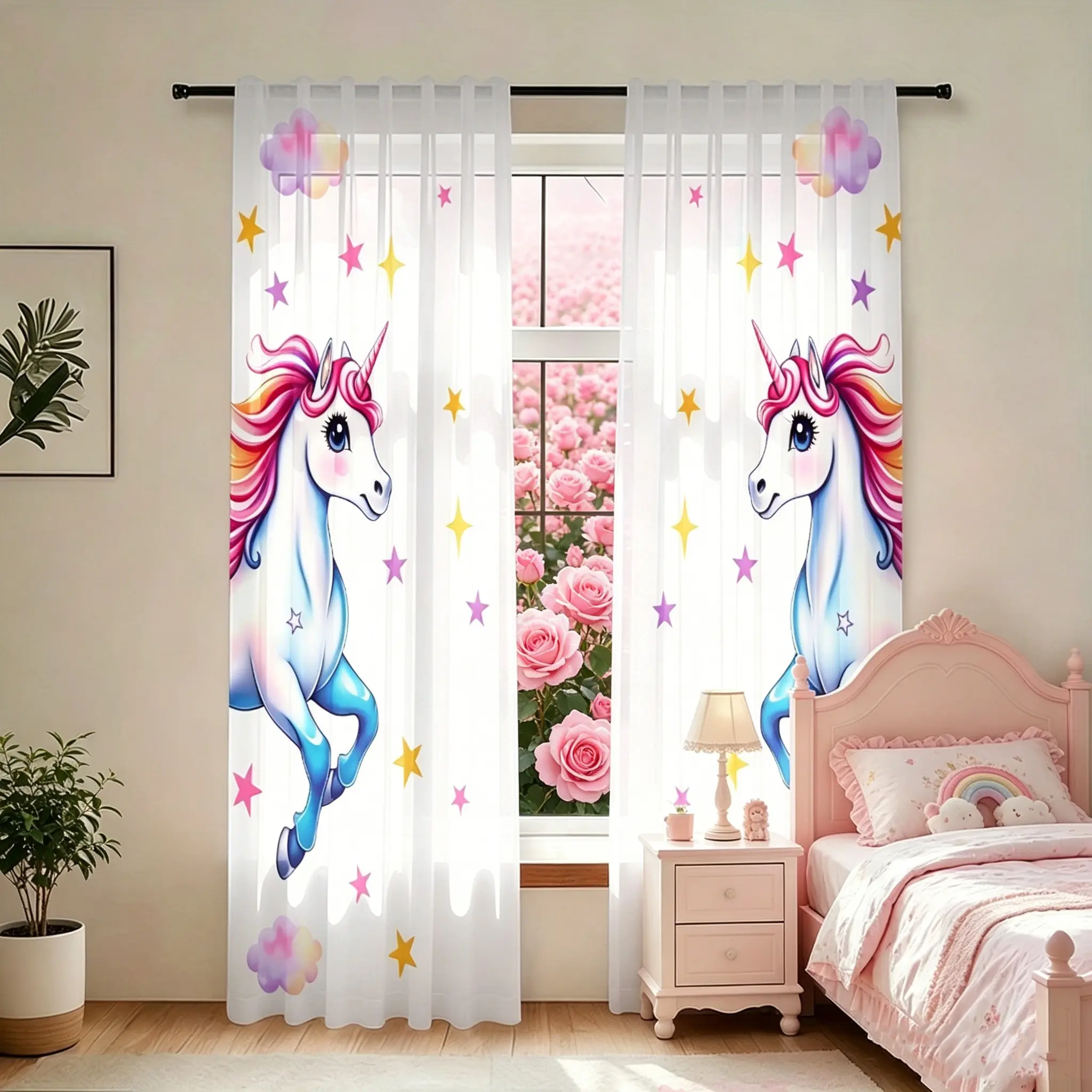 2-Pack Dreamy Unicorn Star Print Curtains, Semi-Transparent Polyester, Princess Room Bedroom Light Filter, Kids Cartoon Finished Curtain