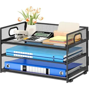 3 Tier Paper Letter Tray Organizer for Desk, Black Metal Mesh Desk File Folder Sorter Organizer with Handle and Sliding Tray for Home, Office, School Supplies Organization Storage