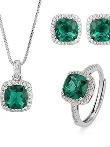 New Jewelry Copper Base Gold Plated Vintage Simulated Emerald Square Simple Style Set for Women, Daily Wear, Zircon Gemstone, Elegant Jewelry Set