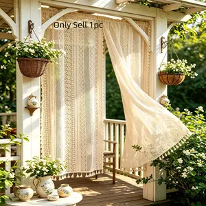 1pc Boho Garden Pavilion Curtain, Lace Sheer Curtain with Fringe, Vintage Courtyard Door Curtain, Outdoor Balcony Window Decor, Outdoor Patio Curtains