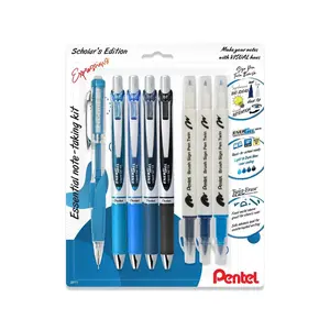 EnerGel Expressions, Note-Taking Kit, Liquid Gel Pens, (0.7mm) Assorted Ink, Twist-Erase Click (0.7mm), Brush Sign Pen Twin (Light Gray, Steel Blue, Sky Blue) 8-Pk 