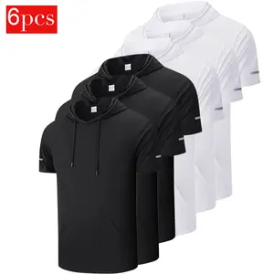 Men's Plain Round Neck Workout ShortSleeve Mesh Athletic T-Shirts with HoodsSpring Sportswear Compression QuickDrying T-shirt Back To School Tops 100%Polyester Four-Way Stretch Reflective Stripes