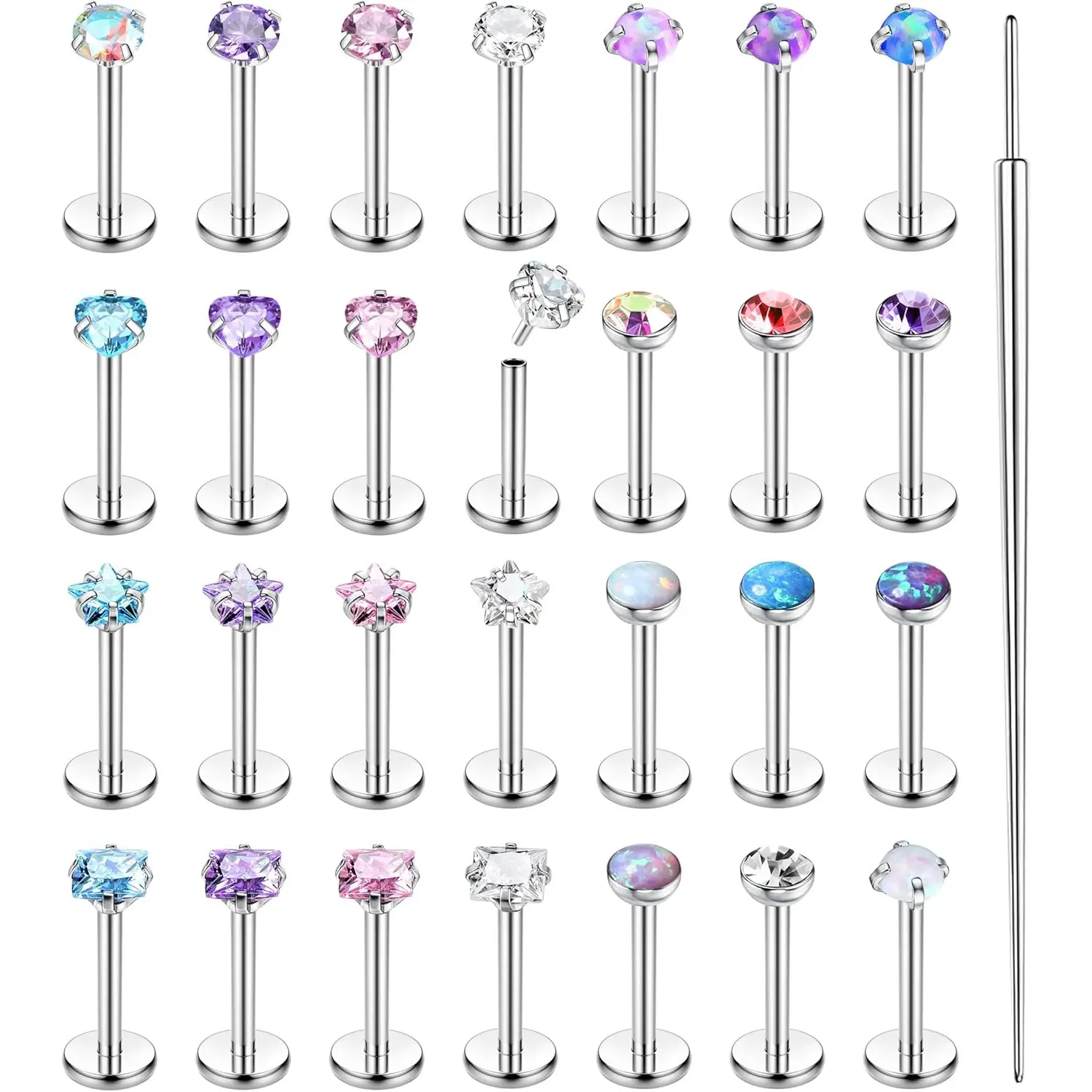 28Pcs Threadless Nose Rings Studs Set Surgical Steel Lip Nostril Labret Medusa Piercing Jewelry Push in Tragus Conch Helix Flat Back Earrings for Women Men 16G 18G 20G 6/8mm
