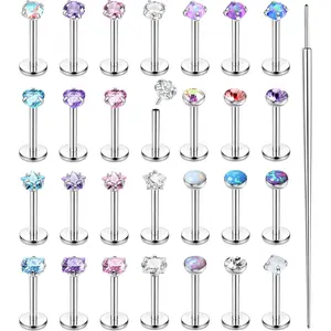 28Pcs Threadless Nose Rings Studs Set Surgical Steel Lip Nostril Labret Medusa Piercing Jewelry Push in Tragus Conch Helix Flat Back Earrings for Women Men 16G 18G 20G 6/8mm