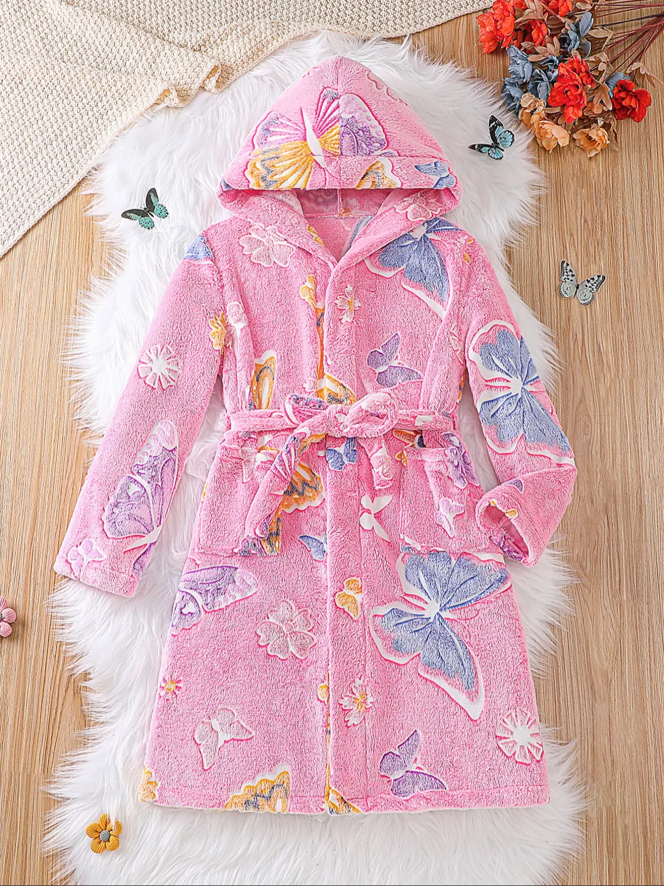 Children's style full of colorful butterfly flowers, night light plush sleeping robe, Loose fit sleepwear for kids, soft, comfortable, skin friendly with small pockets on both sides, waist belt, hood, autumn winter styles, Floral Print Pajamas