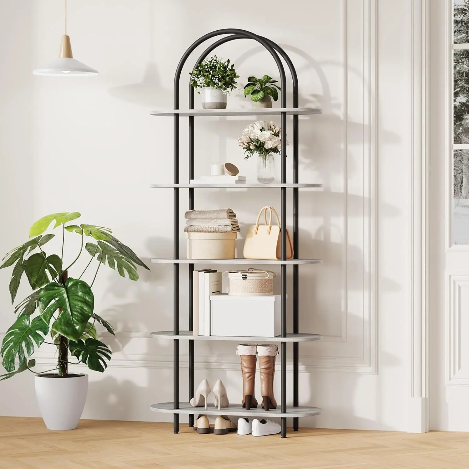 71-Inch Black Retro 5-Tier Freestanding Iron Frame Arched Cabinet Bookshelf, Industrial Space-Saving Metal Bookcase with Open Adjustable Shelves for Living Room, Home Office