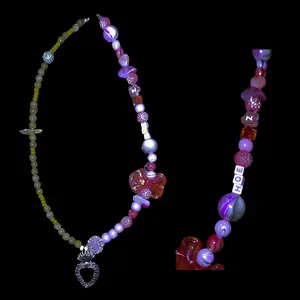 Wicked Two-Tone Elphaba Glinda Green Pink Beads and Charms Necklace with Silver Black Heart Pendant - HOE Letters
