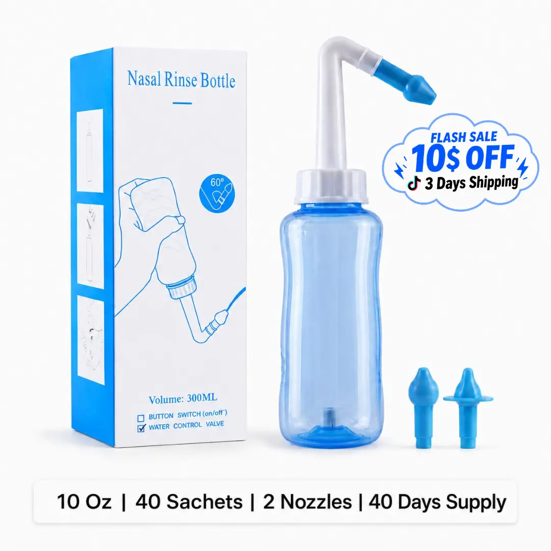 Manual Nasal Rinse Bottle Kit, 10oz Sinus Relief Nasal Flush System with 40 Saline Packets, 2 Nozzles & Saline Solution for Daily Use