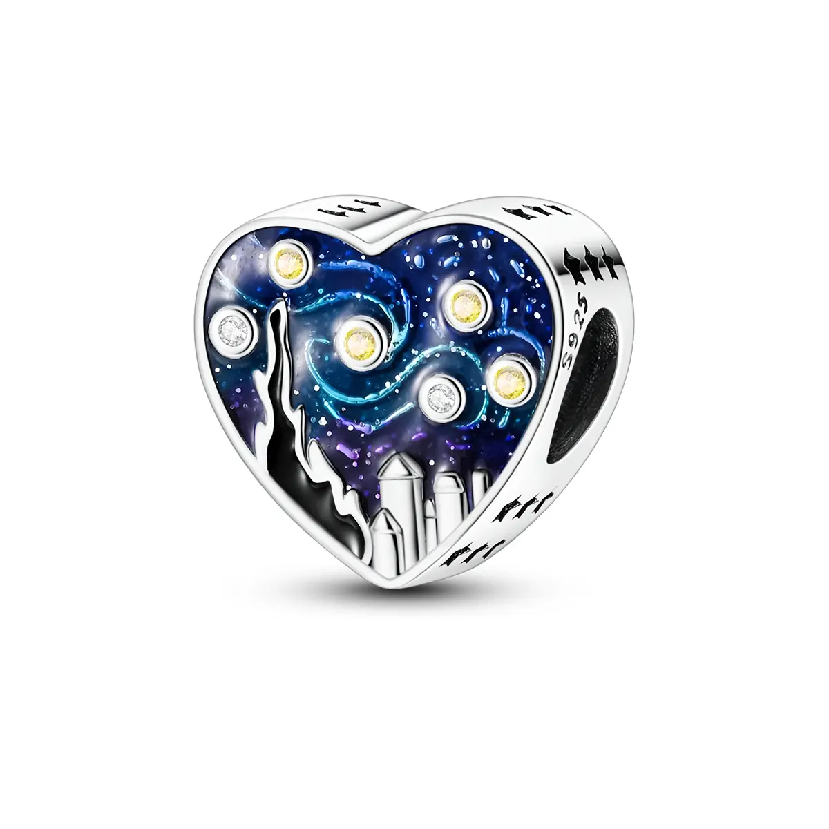 MULA Van Gogh Starry Night Heart Charm Bead, S925 Silver-Plated Cubic Zirconia Statement Charm, Pandora-Compatible, Valentine's Day Gift for Youth & Besties with Romance and Symbolism Sincere Expression, Valentines Day, Charms & Pendants