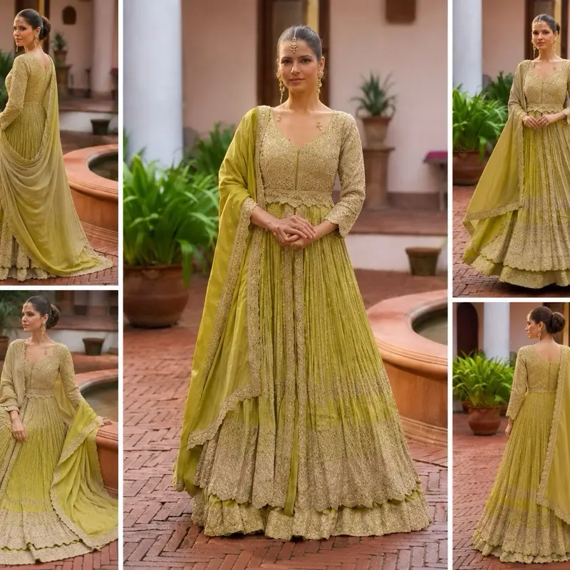 Indian Wedding Embroidered Lehenga Anarkali-style long gown or suit, often paired with a dupatta. Indian Wedding Embroidered Lehenga