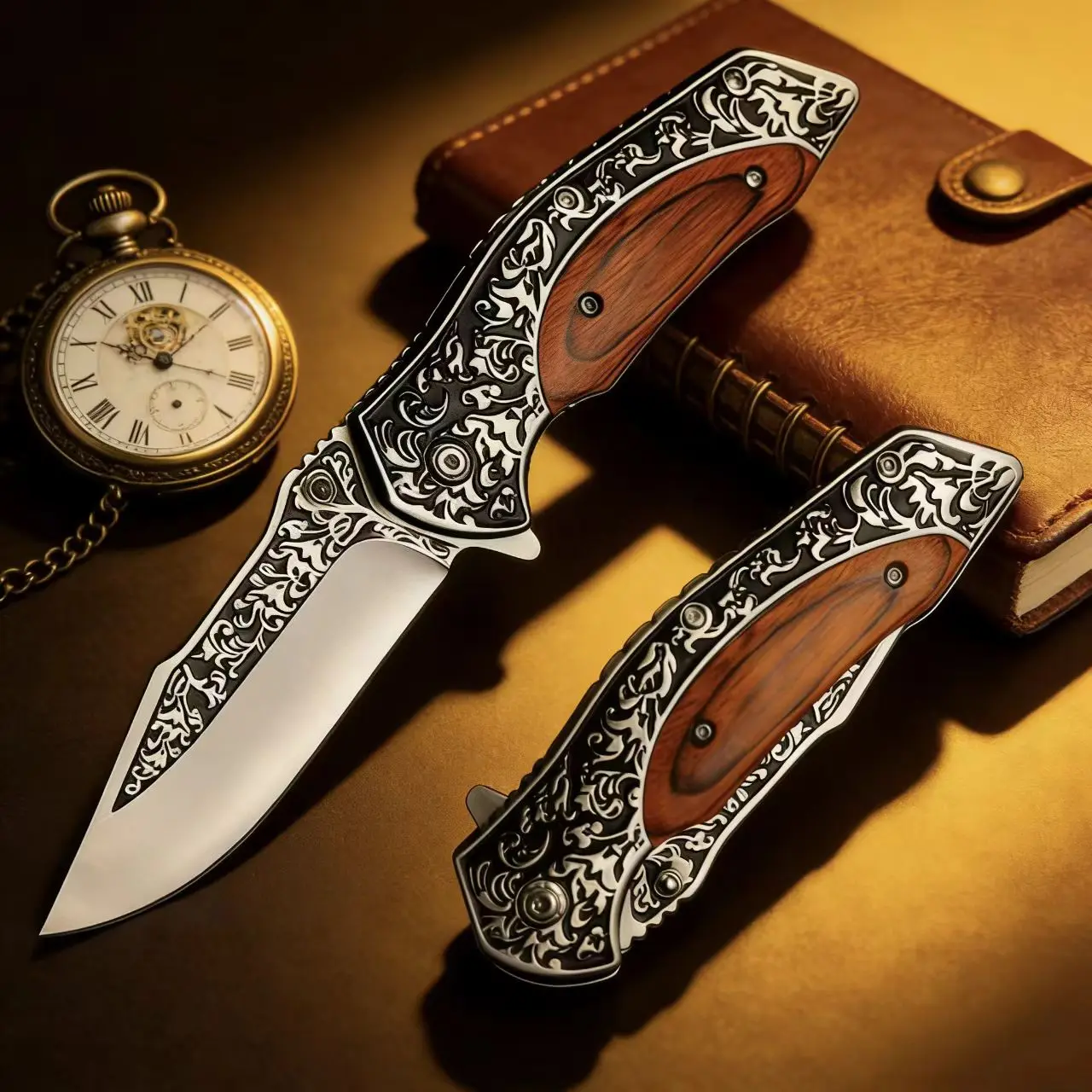 Premium Engraved Folding Pocket Knife with Wood Handle, EDC Knife for Camping, Hunting, Outdoor tool, High-quality Stainless Steel Blade, Classic Vintage Design, Portable Utility Knife for Men, Perfect for Everyday Carry Edc Multi Tools Survival Tools