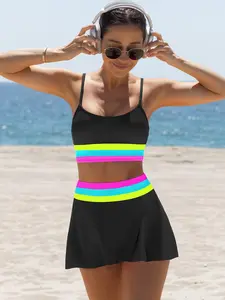 Beachball Kayaking 3 Piece Bikini Sets, Tummy Control & High Waisted Swimsuit with Adjustable Wide Shoulder Straps, Neon Color Sporty Swimsuit|