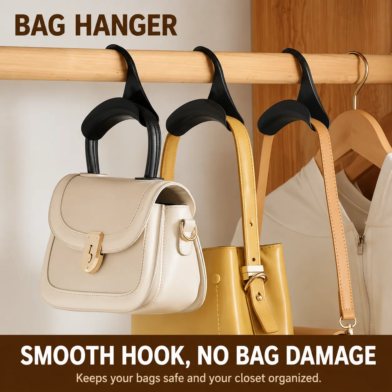 Set of 2 Closet bag hook and Storage - Wide Arc Design to Protect Bag Straps & Prevent Wrinkles, Heavy Duty Plastic Handbag Storage Hooks