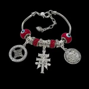 Devil Eye Triple Protection Bracelet with Red Beads & Charms Add-On Option Silver Accents