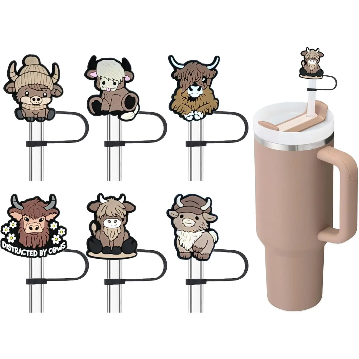 Tumbler Straw Lid Set - Cute Cows Adorable Highland Cow Design, 10mm Synthetic Straw Topper Accessories, 30-40oz Almond Rose Cup Replacement Lid, Kitchenware Drinkware Add-Ons for Thanksgiving, Dirt‑Block Straw
