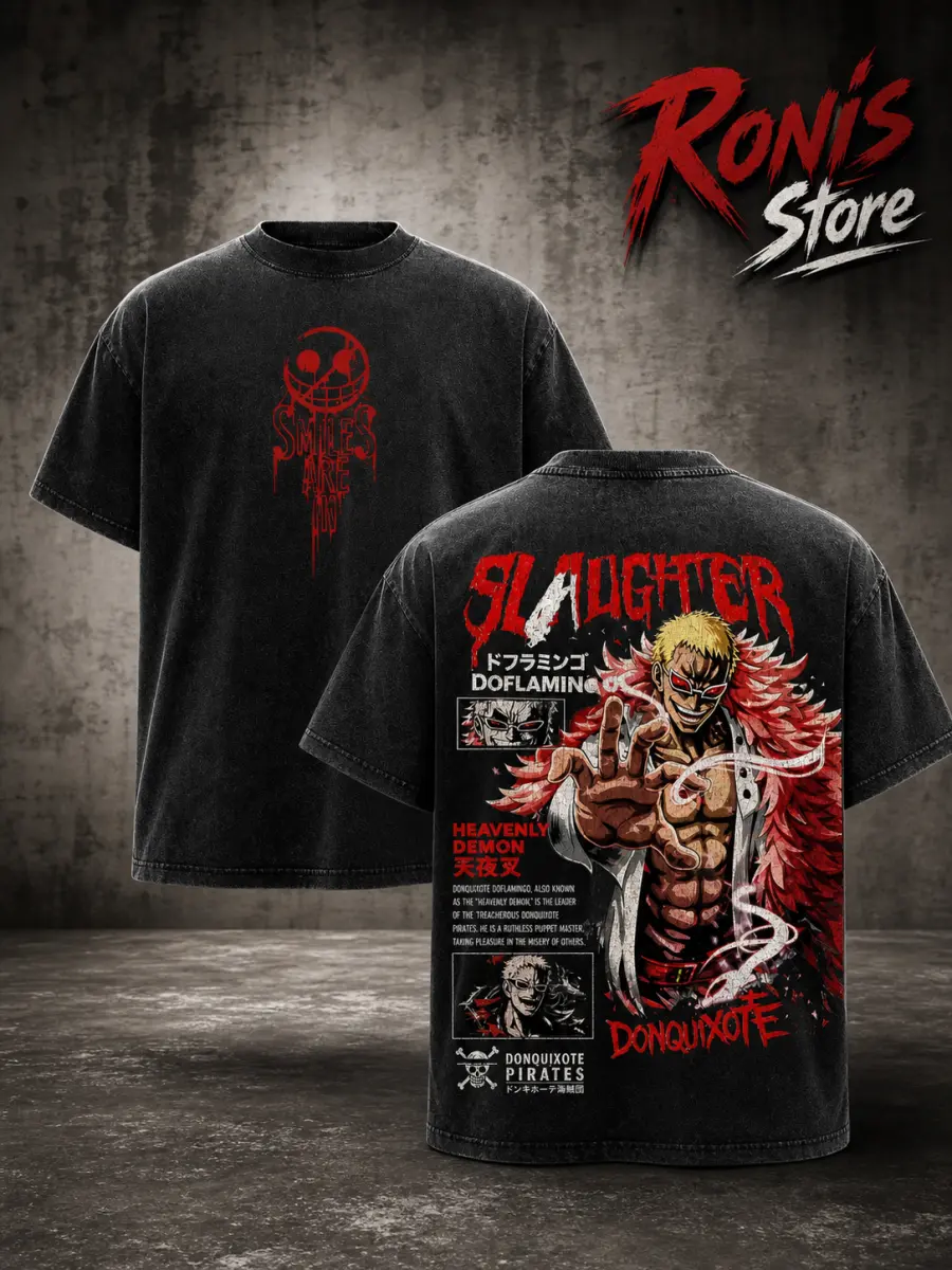 Donquixote Doflamingo OnePiecee's Tee – Doflamingo Vintage Washed T-Shirt | Heavenly Demon | King of Dressrosa Anime Manga Graphic Tee | Heavy Cotton Unisex Oversized Streetwear Top