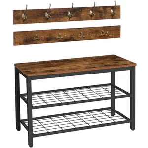 HOOBRO Hall Tree with Shoe Bench, Entryway Metal Coat Rack for Foyer, Front Door, 27.6"L x 11.8"W x 18.1"H, Rustic Brown Color - Shelves, Easy Assembly #SummerVibes