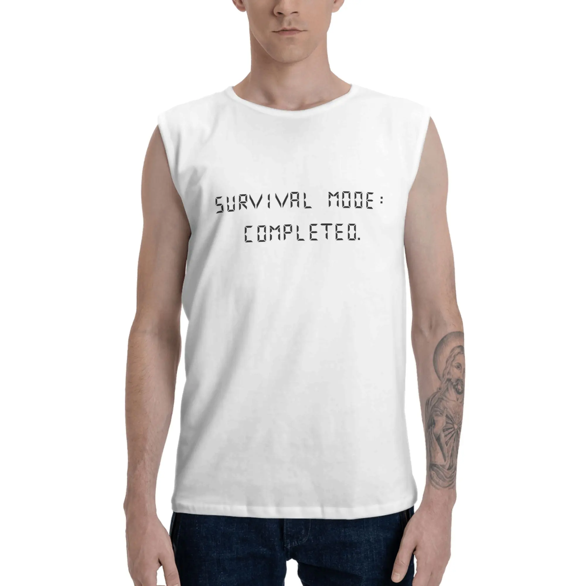 Custom Men's Sleeveless Soft Cotton Stretch Soccer Tank Top, Menswear with "Survival Mode: Completed" Personalization for Gym & Casual Wear