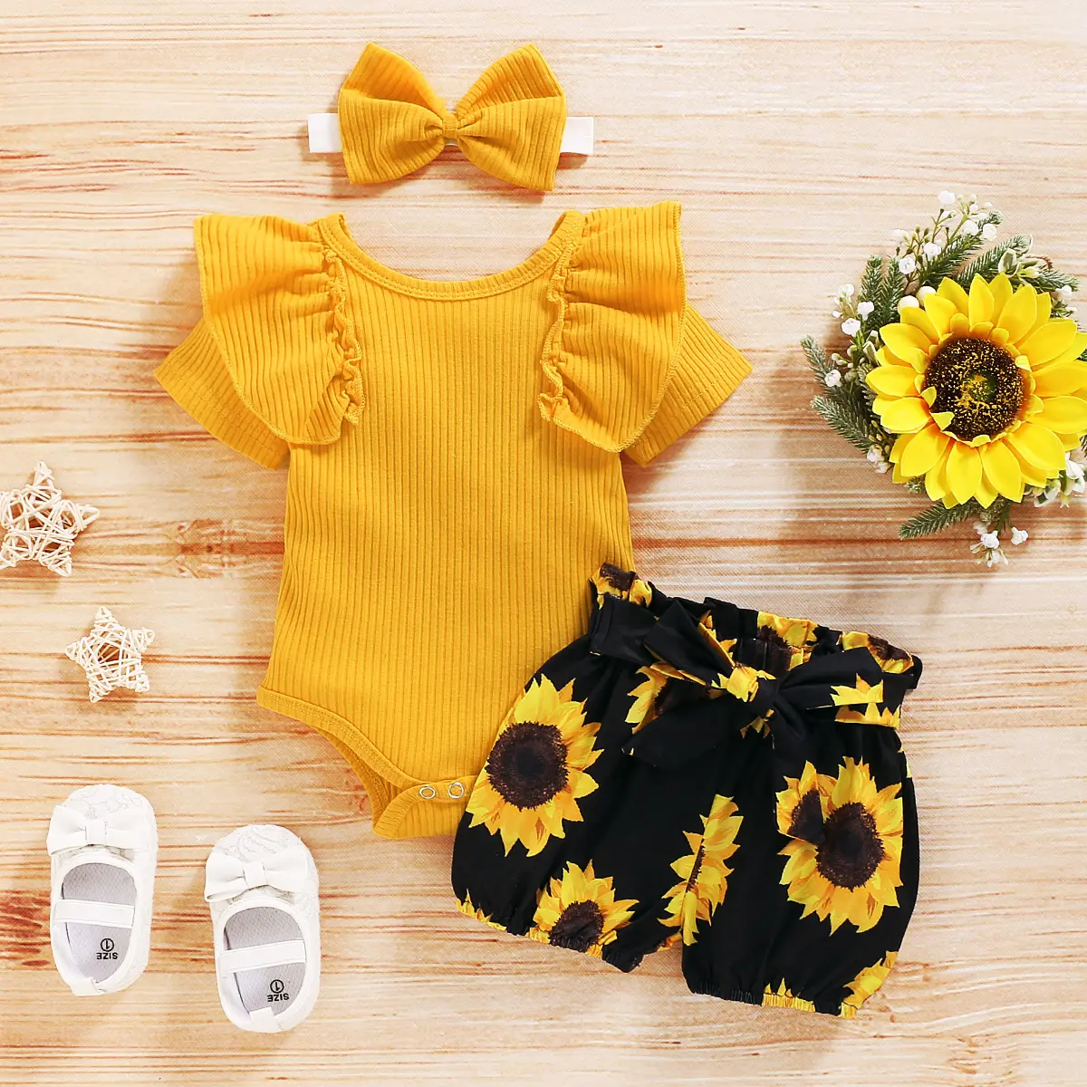 Baby Girls 3-Piece Floral Summer Gift Set - Solid Color Ruffle Sleeve Onesie, Short Pants, Headband, Cute Outfits for 0-3 Months, 12-24 Months, Onesies Set for Newborn Infants