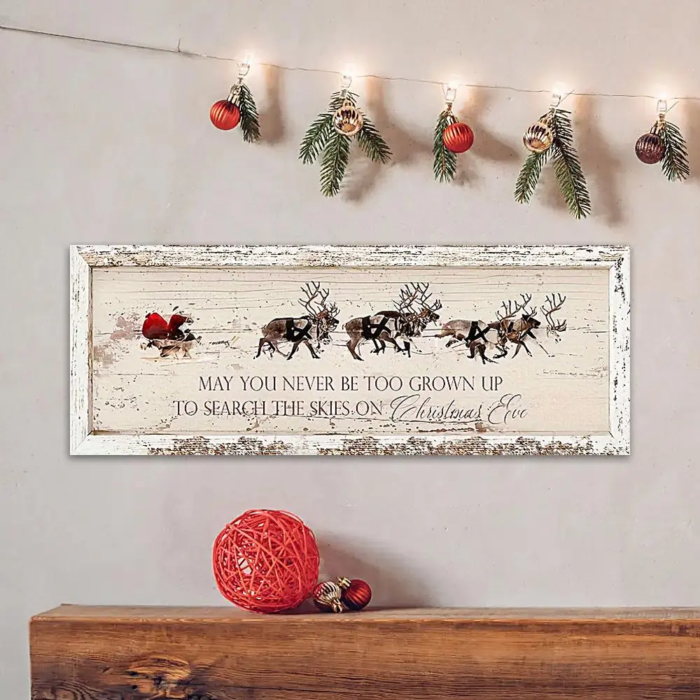 Vintage Christmas Themed Wooden Sign, 1 Count Reindeer & Santa Claus Pattern Wall Decor, Wall Art for Home Living Room Bedroom Farmhouse Decoration, Home Decor Ornament