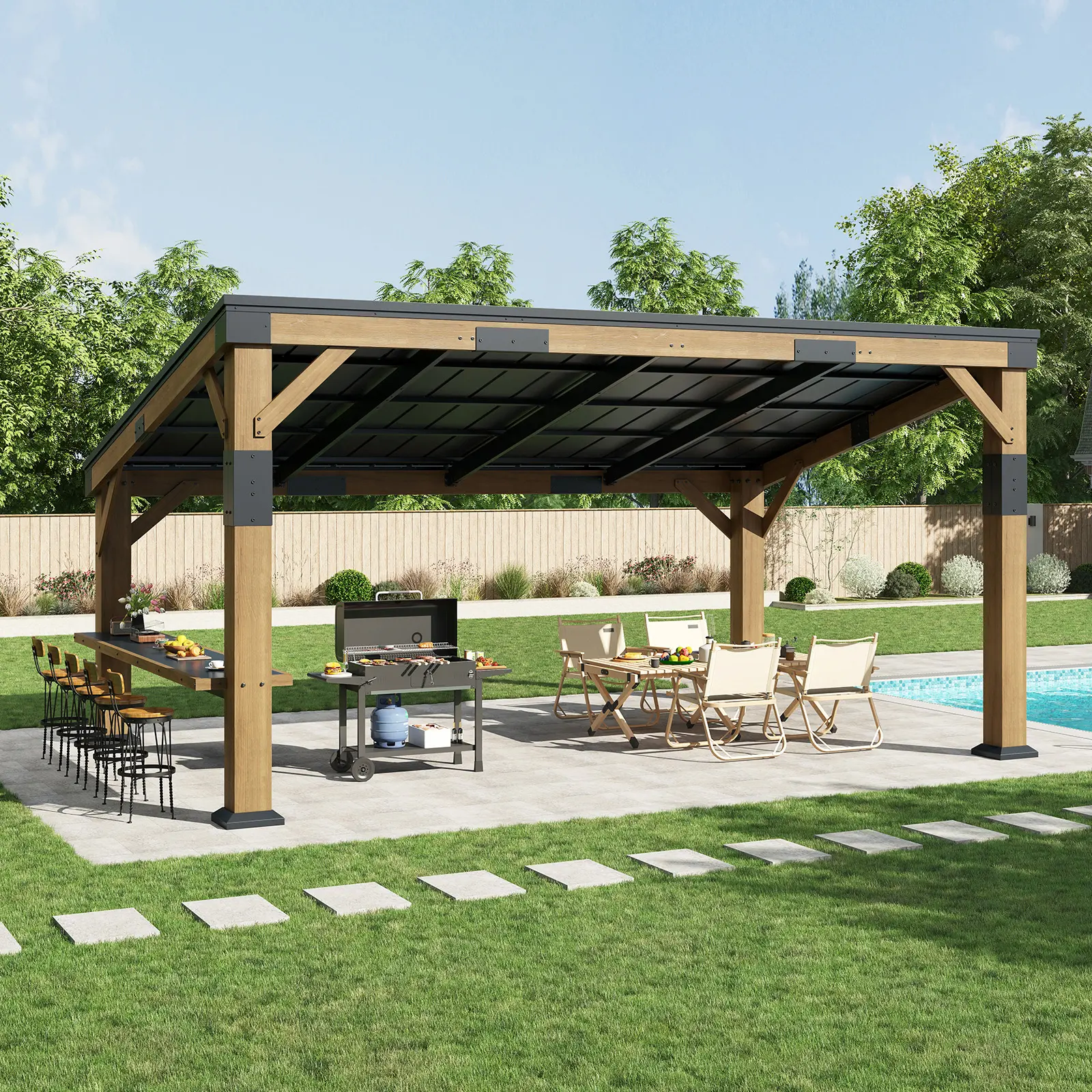 【Ships in Multiple boxes】[SummerSale] AMERLIFE Solid Wood Gazebo with Metal Hardtop, Large Outdoor Pavilion with Sloped Roof, Heavy Duty Pergola for Garden, Patio, Backyard