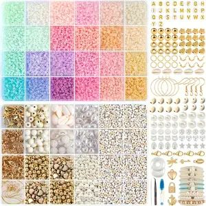 2 Box Set 3mm Glass Beads Kit, 24 Colors 10000pcs Seed Beads with Elastic Rope, Acrylic Shell Beads for Bracelets, Jewelry, Keychains, DIY Beading