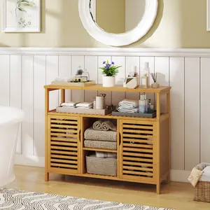 COSTWAY - Bamboo Bathroom Cabinet with Shelves and Doors-Natural