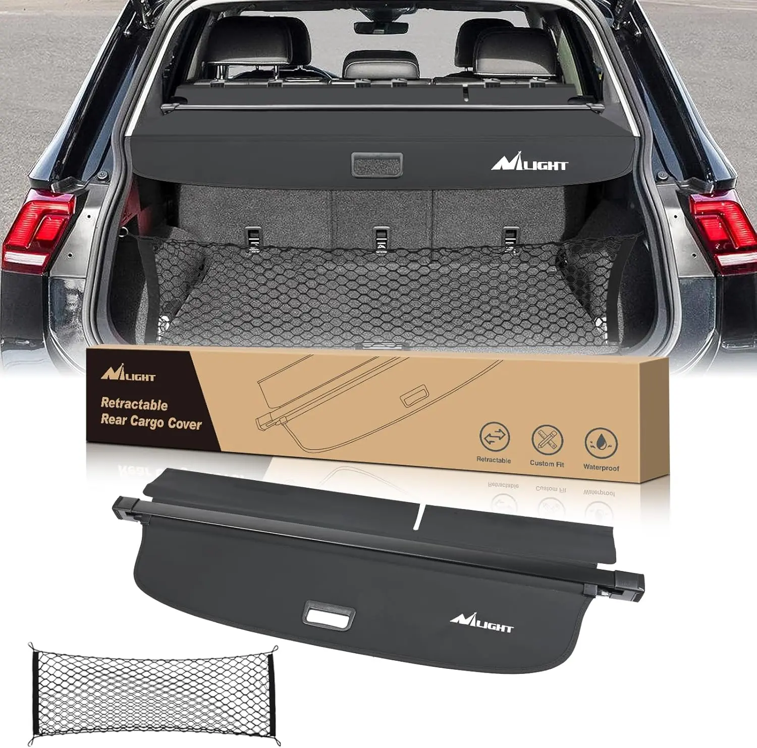 Nilight Retractable Cargo Cover - Custom Fit for VW Tiguan 2018-2024, Durable Rear Trunk Privacy Shield with Black Storage Net, Extra Flap, Flocking End, No Drilling Required, Portable Handle, UV Protection & Security Upgrade, Car Supplies, Suv Accessorie
