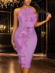 Glamorous Ruffle Midi Dress Sleeveless Bodycon Fit 3D Floral Accent Elegant V-Neck Formal Evening Dress Perfect for Cocktail Party Special Occasions