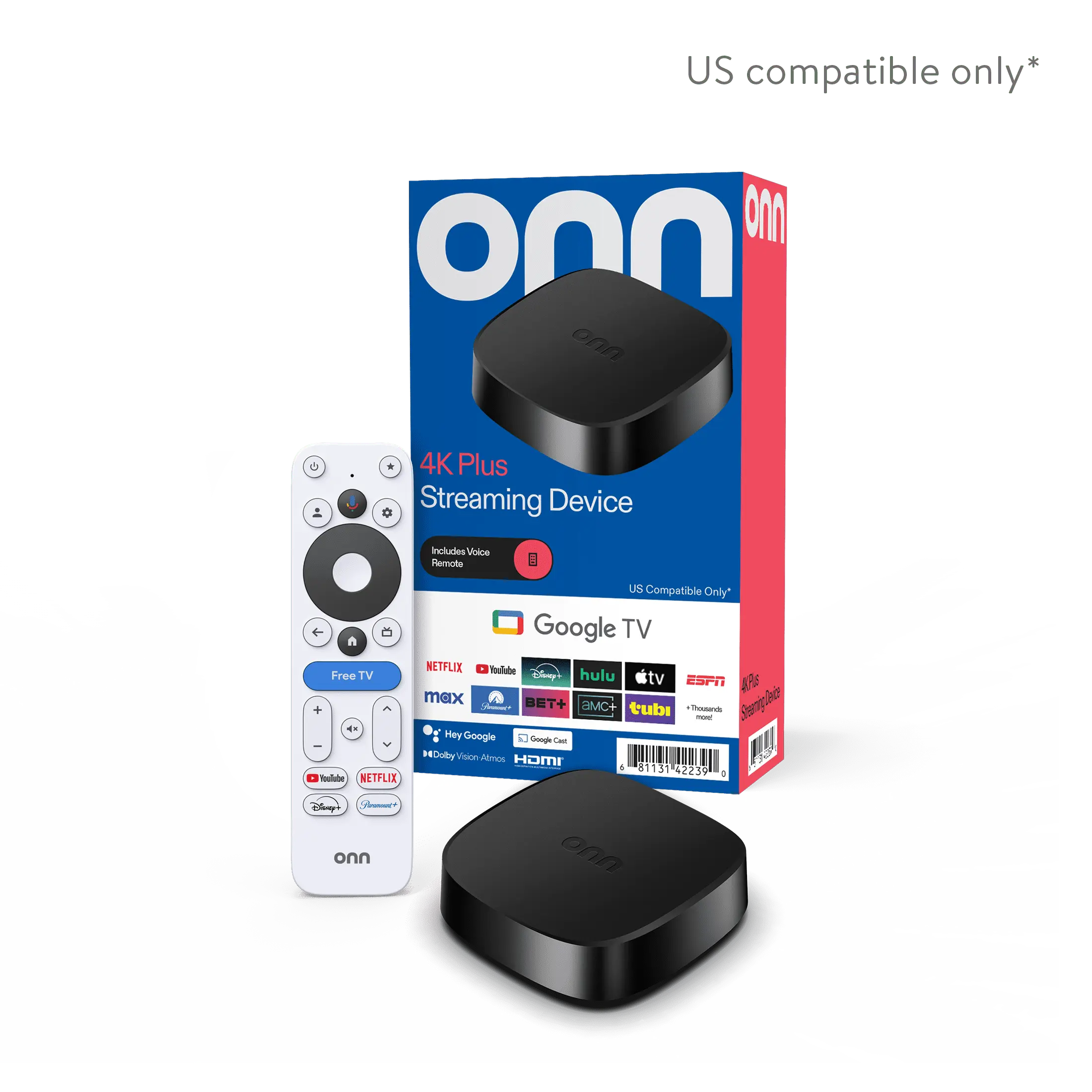 onn 4K Plus Streaming Device, Google TV - Ultra-fast Streaming, Stunning 4K UHD, 16GB Storage, 2GB RAM, Dolby Vision & Atmos, Remote with Voice Control - U.S. Compatible only
